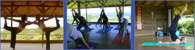 Women practicing yoga on a wooden deck at Horizon yoga