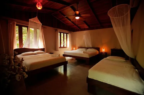 beautiful bed room with king and queen size beds,mosquito nets and large window