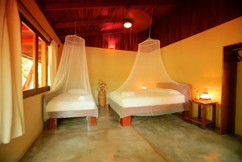 bed room with large windows and moquito net