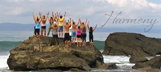 people doing yoga on stone beach