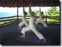 people doing yoga on wooden deck