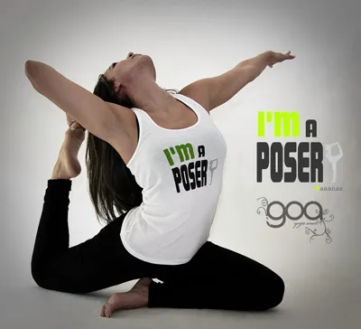 woman in a goa yogawear top with a printed message