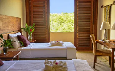 Well decorated room with two single beds and step-out balcony