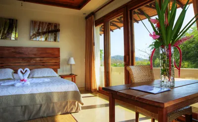 Superior Ocean View room with screened windows, reading table and a king size bed